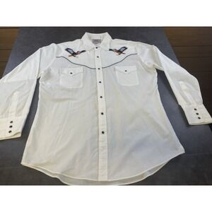 Ely Diamond Men's White Eagle Embroidered Snap Button up Long sleeve Size Large